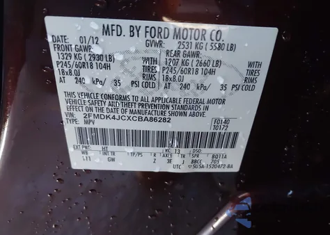 2012 Ford Edge Sel from USA, damaged, VIN 2FMDK4JCXCBA86282